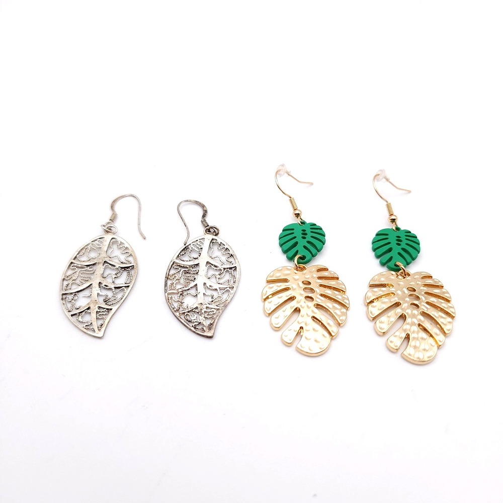 Leaf Dangle Earrings Set‎ Silver Filigree Gold Tropical